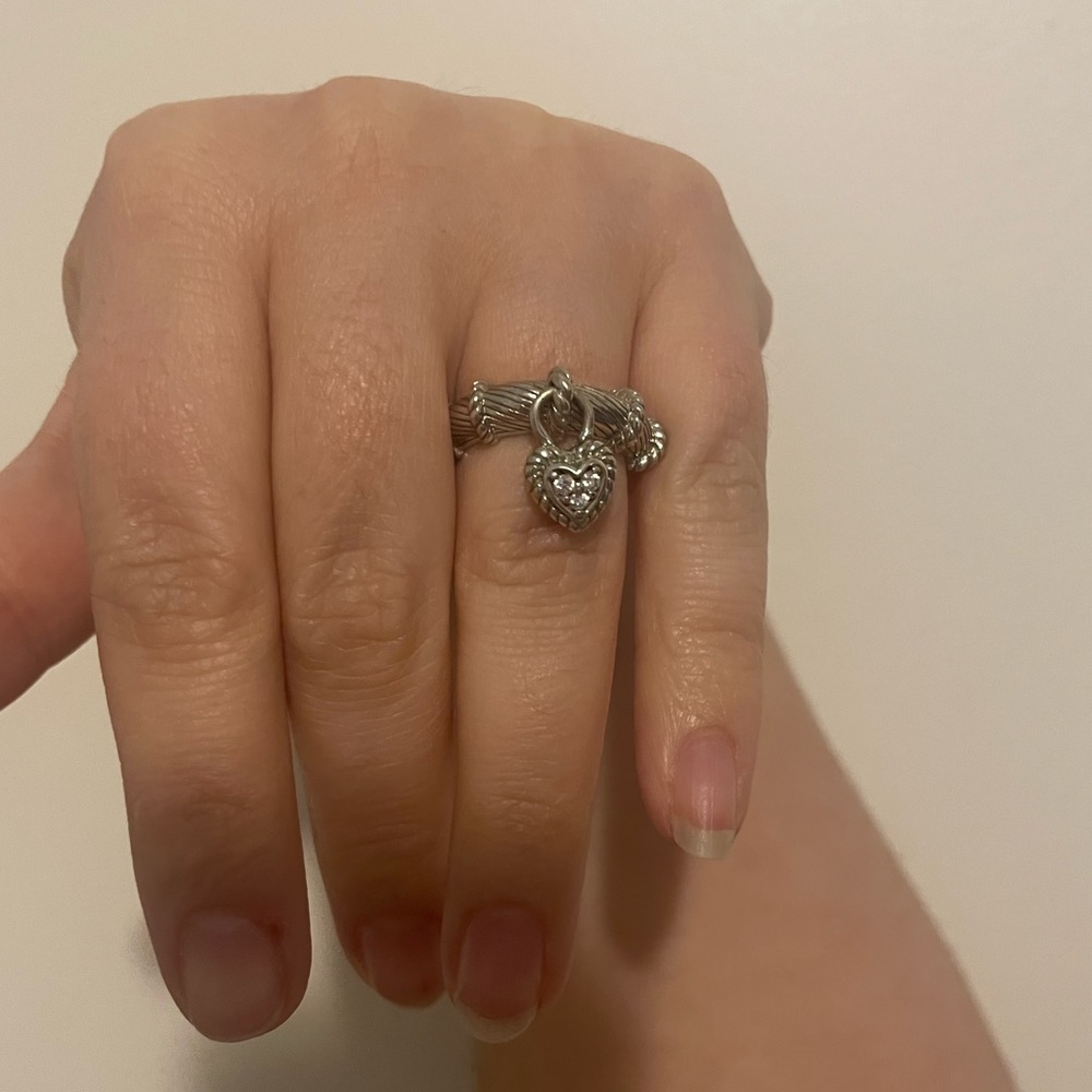 Judith Ripka Sterling Silver Ring with Heart Dangle Charm with original bag
